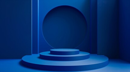 Wall Mural - Empty round, blue podium shape, for product demonstration, on a blue background, minimalism.
