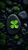 Fototapeta Desenie - A single, vibrant four-leaf clover rests atop moss-covered stone. St. Patrick's Day, luck and finding joy in the simple things concept.