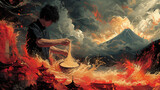 Surreal painting of a person playing a string instrument amidst a fiery, volcanic landscape with dramatic clouds.