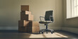 © dinastya - Office Relocation - Modern empty office chair, pile of stacked cardboard boxes, symbolizing moving in new office, copy space.