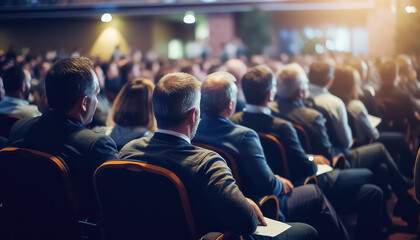 A group of people in the hall are listening to a speech, business concept