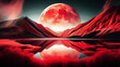 abstract art red moon on red water reflection landscape