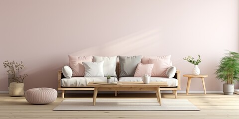 Scandinavian-style home with light wall background, wooden floor, daylight, gray sofa, white and pink pillows, table with dry plants, and two cups of tea.