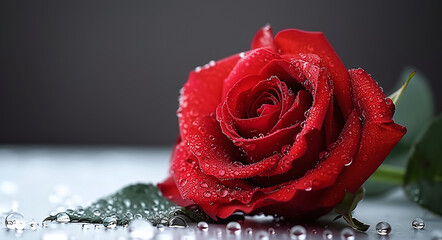 Wall Mural - Close-up of a dew-covered red rose lying on a wet surface with a blurred blue background.