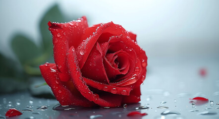 Wall Mural - Close-up of a dew-covered red rose lying on a wet surface with a blurred blue background.