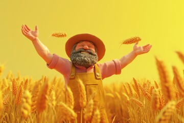 Wall Mural - Joyful farmer in a wheat field with arms outstretched under a sunny sky, expressing happiness and freedom.