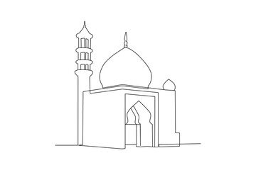 Wall Mural - Continuous one line drawing Kabaah alharam and mosque concept. Doodle vector illustration.