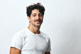 Fototapeta  - Man hispanic isolated portrait student white smile arms lifestyle fashion serious background t-shirt hipster
