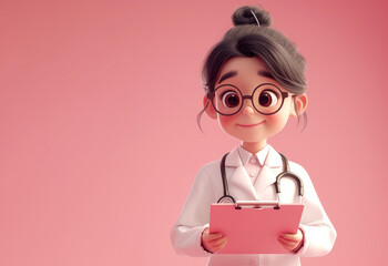 Wall Mural - 3D style cute cartoon character of a female doctor against a bright color background