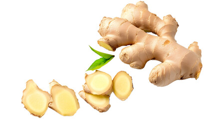 Wall Mural - fresh ginger rhizome with slices isolated on white background