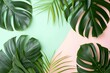 Tropical leaves Monstera on pink background. Flat lay, top view, Generative AI