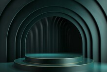 Two Round Podium Platform Stand For Beauty Product Presentation With Semi Circles Layers Scene. Abstract Minimal Stage Showcase Stand With Golden Decorated Arch On Dark Green Background