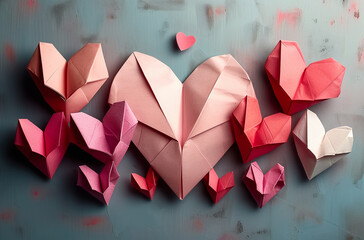 Assorted paper hearts in shades of pink and red on a textured background, symbolizing love and Valentine's Day.