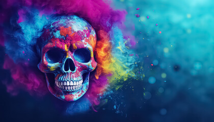 Wall Mural - Skull on the background of dust, paints, smoke , happy holi indian concept