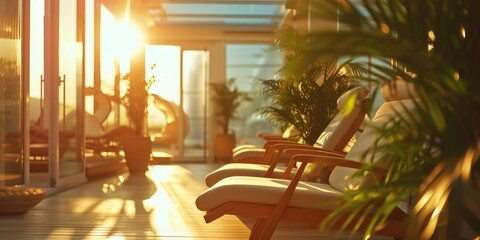 Aufkleber - A person sitting on a chair in a room filled with sunlight. This image can be used to depict relaxation, contemplation, or a peaceful atmosphere