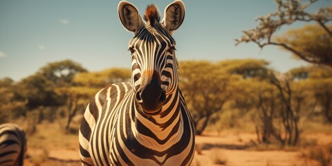 Poster - A close up shot of a zebra in a field. Perfect for nature and wildlife enthusiasts