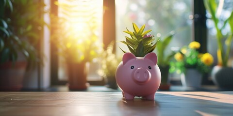 Wall Mural - A pink piggy bank with a plant growing inside. This image can be used to represent savings, financial planning, or investment in a fun and unique way