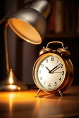Poster - An alarm clock sitting on a table next to a lamp. Perfect for home decor or bedroom themes