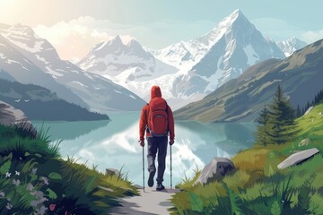 Poster - A man wearing a red jacket standing on a path near a serene lake. This image can be used to depict outdoor activities, nature exploration, or leisurely walks by the water