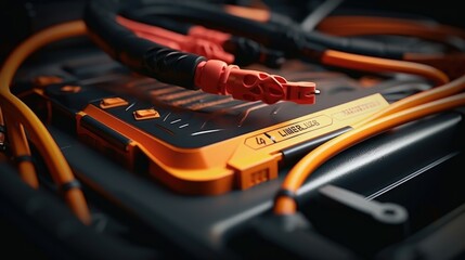 Poster - A detailed view of an orange and black battery. Perfect for illustrating power supply or energy concepts