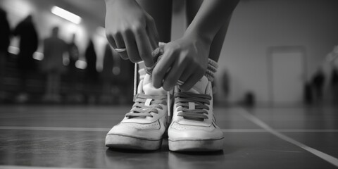 Aufkleber - A black and white photo of a person tying a shoe. Can be used to depict everyday activities or as a metaphor for preparation and getting ready
