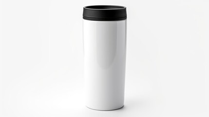 Poster - A white and black travel mug resting on a white surface. Perfect for travel and everyday use
