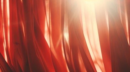 Aufkleber - A vibrant red curtain with the warm sunlight shining through. Perfect for adding a touch of drama and elegance to any space