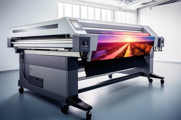Wall Mural - A picture of a large format printer in a spacious room. This image can be used for illustrating printing processes or showcasing printing technology