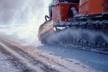 Aufkleber - A snow plow driving down a snow covered road. Suitable for winter transportation and road maintenance concepts