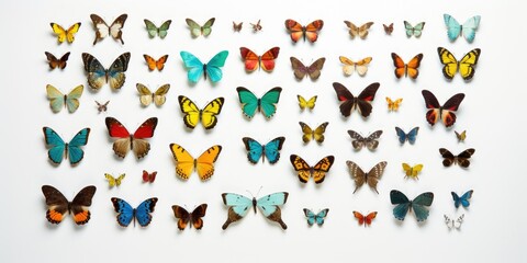 Poster - Colorful butterflies gathered on a white surface. Versatile image suitable for various projects
