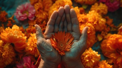 Poster - A person holding a flower in their hands. Can be used for various purposes