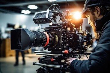 Poster - A man holding a camera on a tripod. Perfect for capturing stable shots and professional photography.