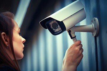 Poster - A woman is looking at a security camera. This image can be used to depict surveillance, security, or privacy issues