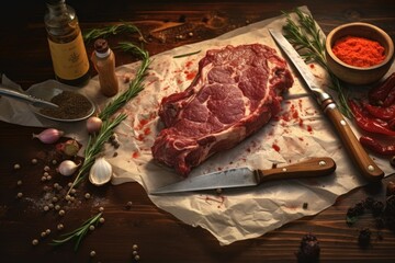 Wall Mural - A piece of meat sits on top of a piece of paper, accompanied by a knife. Suitable for culinary themes or food preparation concepts