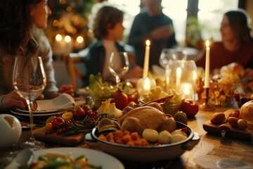 Poster - A group of people gathered around a dinner table, enjoying a meal together. Perfect for illustrating family gatherings, social events, or shared meals