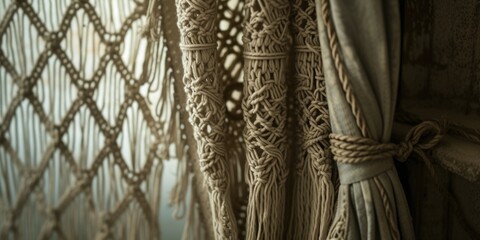 Aufkleber - A detailed close-up of a curtain with a neatly tied knot. Ideal for interior design and home decor projects