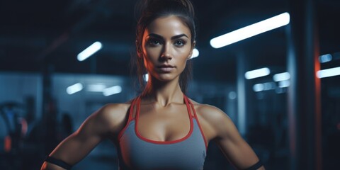 Poster - A woman confidently poses for the camera while wearing a sports bra top. This versatile image can be used to promote fitness, exercise, wellness, and active lifestyles