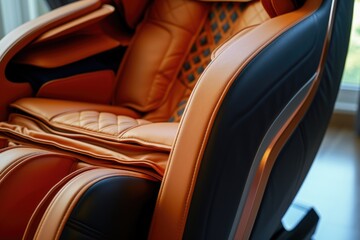 Poster - A comfortable brown and black massage chair placed in front of a window. Ideal for relaxation and rejuvenation