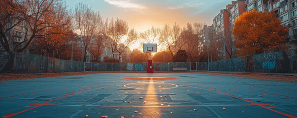 View of a basketball court for street basketball in a city yard in the shade of trees. Development and popularization of mass sports and active leisure in the urban environment.