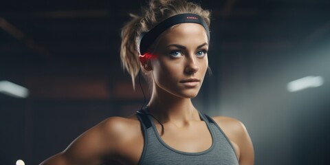 Poster - A woman wearing a gray tank top and headband. Versatile image for fitness, exercise, and active lifestyle concepts