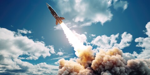 Poster - A rocket launching into the sky with smoke. Perfect for illustrating space exploration and technological advancements