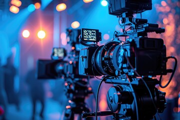 Aufkleber - Multiple cameras placed on a tripod, ready for capturing high-quality images. Ideal for photography enthusiasts and professionals looking for equipment-related visuals