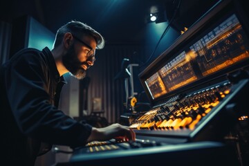 Aufkleber - A man is seen working on a keyboard in a recording studio. This image can be used to depict music production, composing, or recording activities