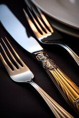 Aufkleber - A close-up view of a knife and fork placed on a table. This image can be used to depict dining, restaurant, food, or mealtime concepts