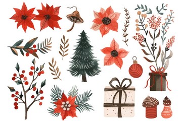 Aufkleber - A collection of Christmas decorations including poinsettias, pine cones, and other holiday items. Perfect for adding festive cheer to your home or event decor