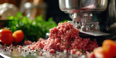 Poster - A pile of meat sitting on top of a cutting board. Suitable for recipes, cooking blogs, or butcher shop promotions