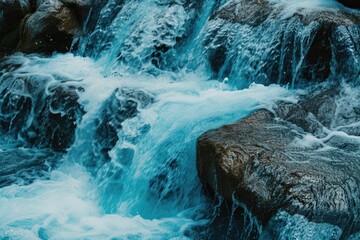 Poster - A close-up view of a waterfall with water flowing out of it. This image captures the beauty and power of nature's cascading water.