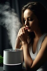 Poster - A woman sitting in front of a humidifier. This image can be used to depict indoor air quality, health and wellness, or home comfort