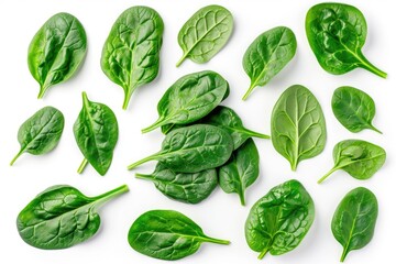 Poster - A bunch of spinach leaves arranged neatly on a clean white surface. Perfect for food and nutrition-related projects