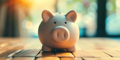 Wall Mural - A piggy bank sitting on top of a wooden table. This image can be used to represent savings, financial planning, or budgeting